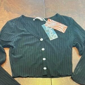 ROMWE Black Ribbed Button-Down Shirt